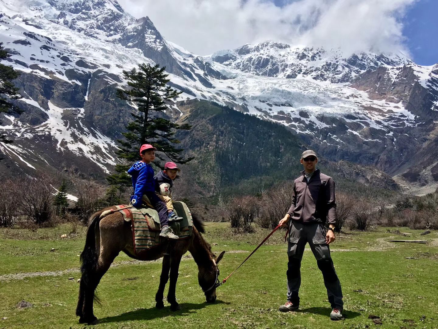 Two boys on a mule led by a man in a green pasture below glaciers