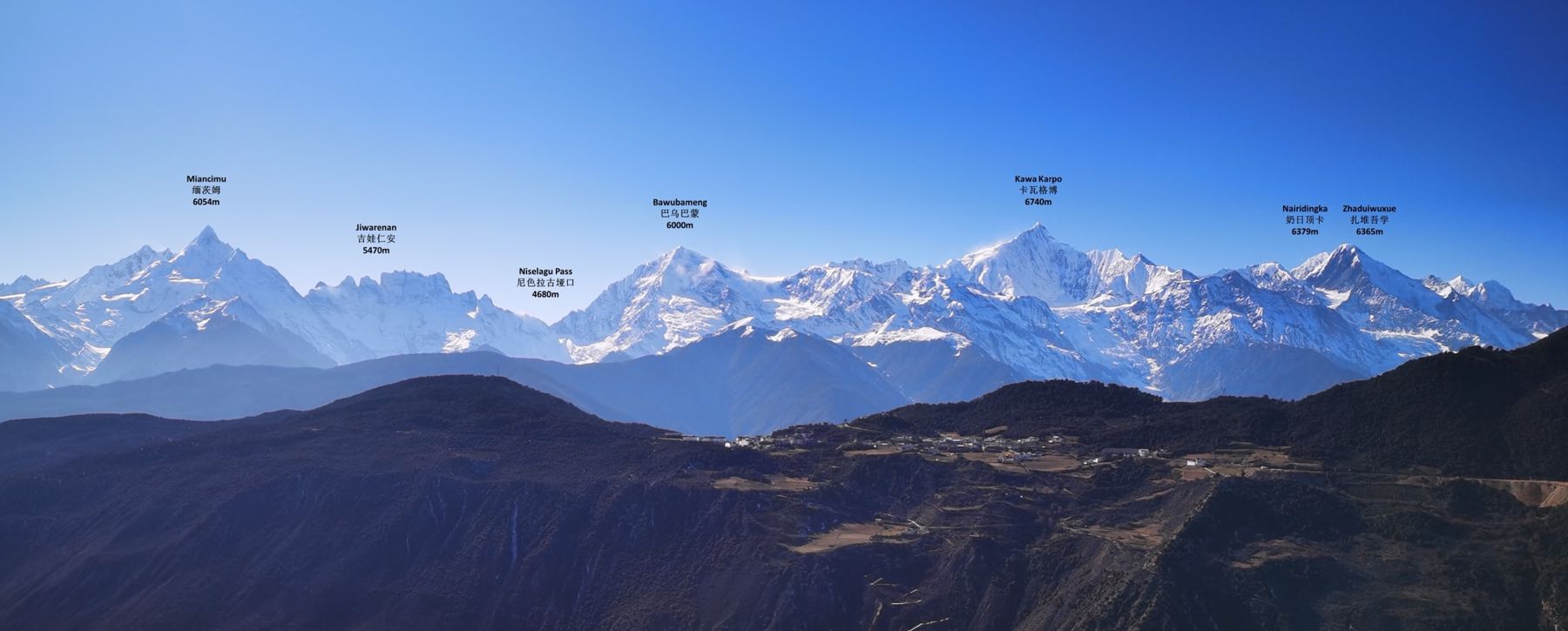 The Meili range with its peaks named: Miancimu, Jiwarenan, Bawubameng, Kawa Karpo, Nairidingka and Zhaduiwuxue