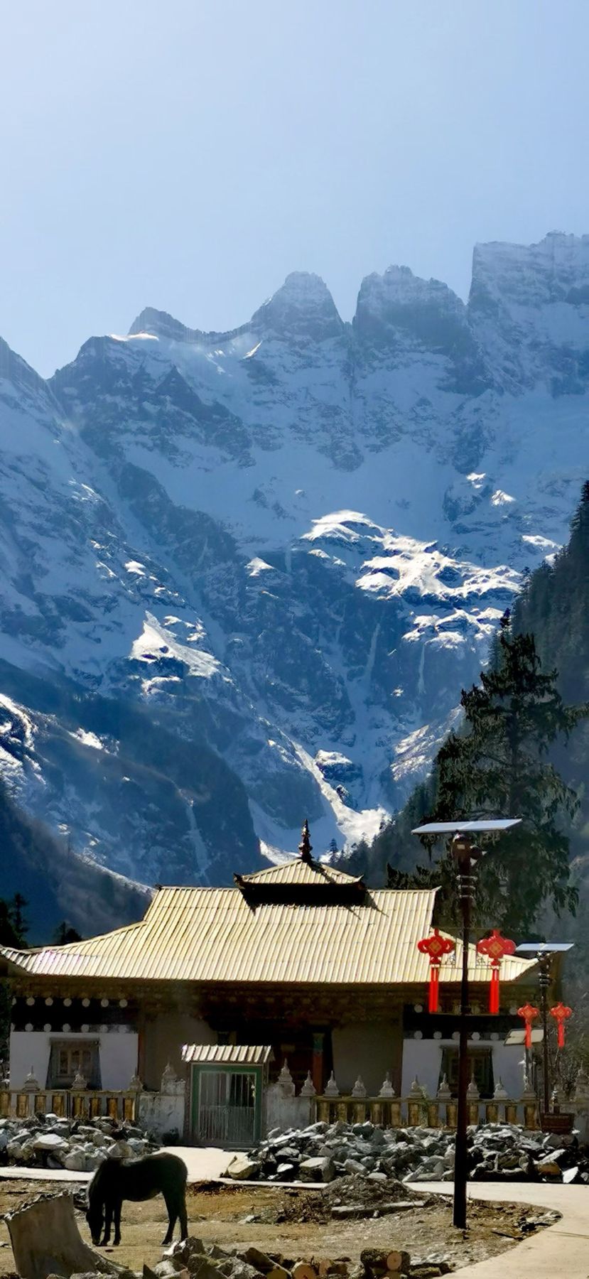 A golden-roofed temple with a horse and snow peaks behind